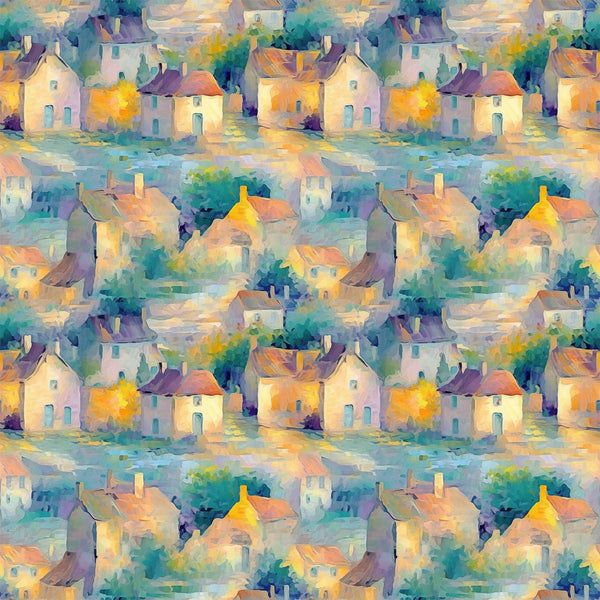 monet inspired, impressionist style, village scene, cottages, houses, watercolor effect, soft brushstrokes, teal, turquoise, orange, yellow, purple, lavender, peachy pink, dreamy atmosphere, whimsical buildings, artistic pattern,, fabric panel, painterly design, pastel palette