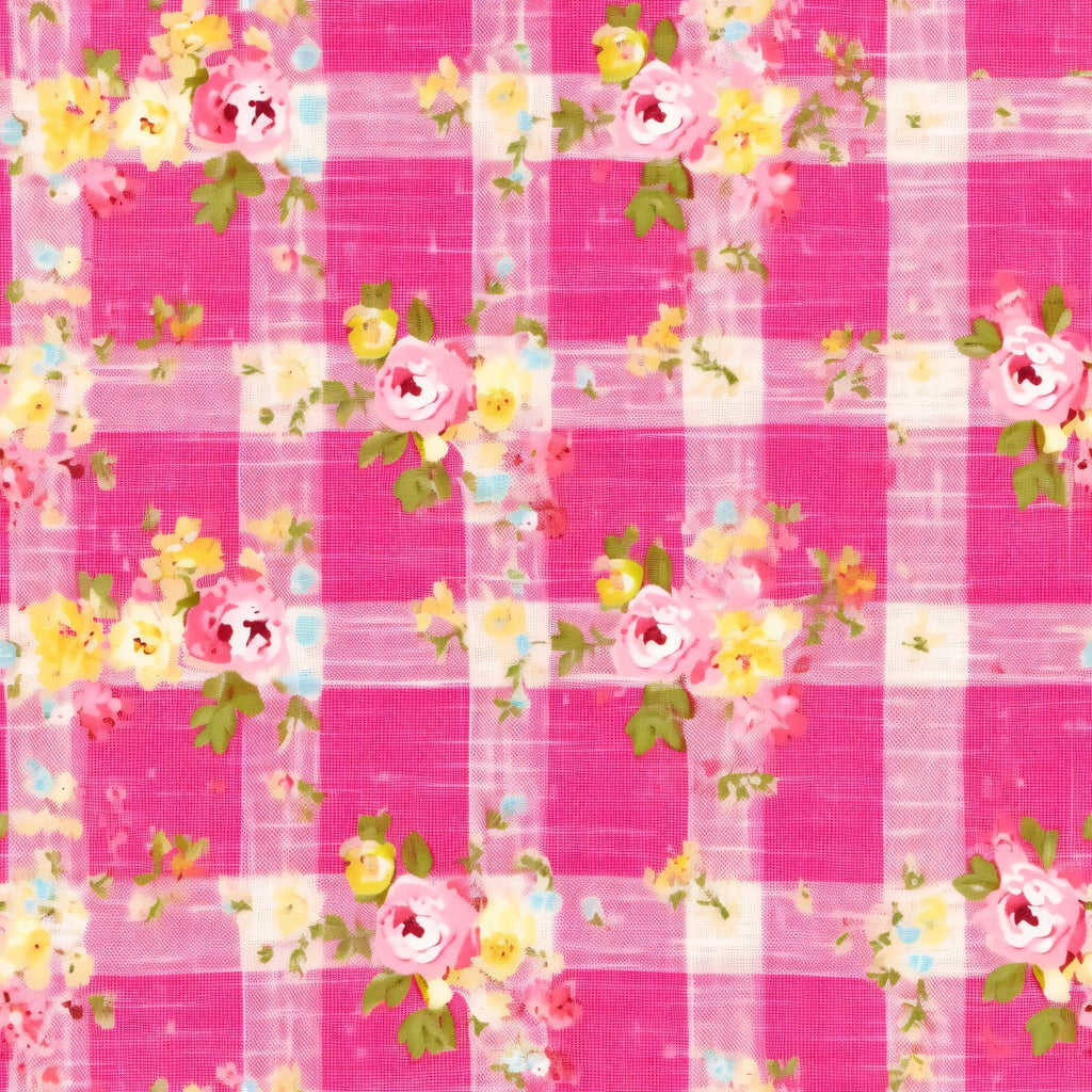 hot pink, fuchsia, white, yellow, plaid pattern, gingham checks, floral motif, roses, country style,, fabric panel, cottage core, feminine, vintage flowers, checkered background, pink roses, yellow blooms, green leaves, shabby chic, pastoral