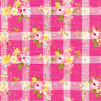 hot pink, fuchsia, white, yellow, plaid pattern, gingham checks, floral motif, roses, country style,, fabric panel, cottage core, feminine, vintage flowers, checkered background, pink roses, yellow blooms, green leaves, shabby chic, pastoral