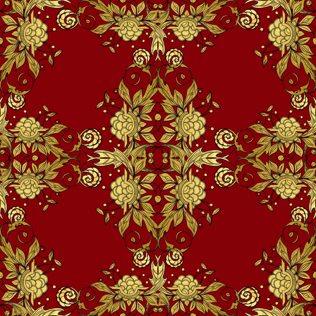 red, gold, christmas, floral pattern, ornate design, decorative motifs, roses, leaves, scrollwork, damask style, elegant, festive,, fabric panel, botanical elements, intricate details, rich colors, holiday theme, symmetrical pattern, luxurious