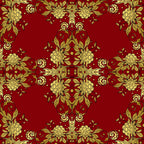 red, gold, christmas, floral pattern, ornate design, decorative motifs, roses, leaves, scrollwork, damask style, elegant, festive,, fabric panel, botanical elements, intricate details, rich colors, holiday theme, symmetrical pattern, luxurious