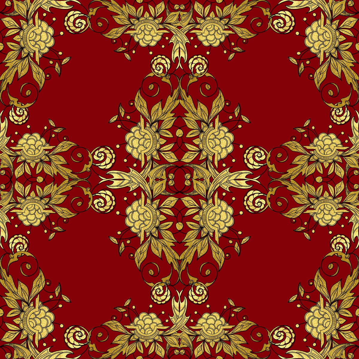 red, gold, christmas, floral pattern, ornate design, decorative motifs, roses, leaves, scrollwork, damask style, elegant, festive,, fabric panel, botanical elements, intricate details, rich colors, holiday theme, symmetrical pattern, luxurious