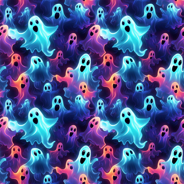 halloween fabric, spooky ghosts, neon colors, turquoise blue, hot pink, purple, orange, black background, glowing effect, cartoon ghosts, surprised expressions, seamless pattern,, fabric panel, supernatural theme, vibrant hues, floating spirits, halloween characters, spooky cute, psychedelic colors