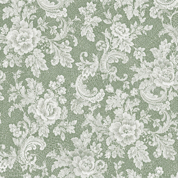 sage green, white, cream, floral, roses, peonies, baroque, ornate, vintage, elegant, traditional, classical, scrollwork, damask, romantic, botanical, garden, nature, spring, summer, delicate, lace-inspired, detailed, sophisticated, wedding, bridal, cottage core, timeless, ornamental flourishes, leaves
