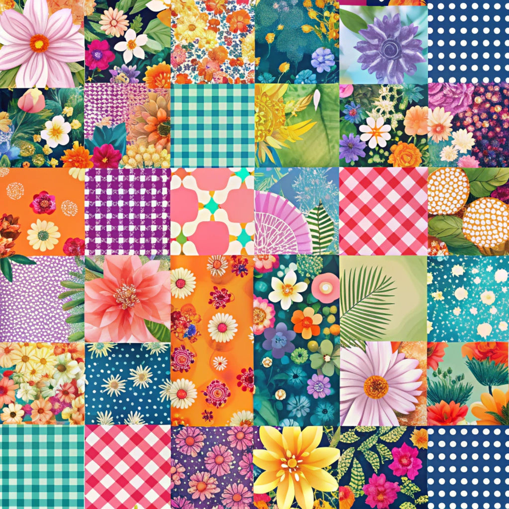 spring patchwork,, fabric panel, floral motifs, geometric patterns, gingham checks, polka dots, bright colors, pink flowers, orange blooms, purple daisies, yellow blossoms, teal backgrounds, navy blue, coral pink, lime green, botanical designs, mixed patterns, cheerful mood, crafting fabric