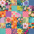 spring patchwork,, fabric panel, floral motifs, geometric patterns, gingham checks, polka dots, bright colors, pink flowers, orange blooms, purple daisies, yellow blossoms, teal backgrounds, navy blue, coral pink, lime green, botanical designs, mixed patterns, cheerful mood, crafting fabric
