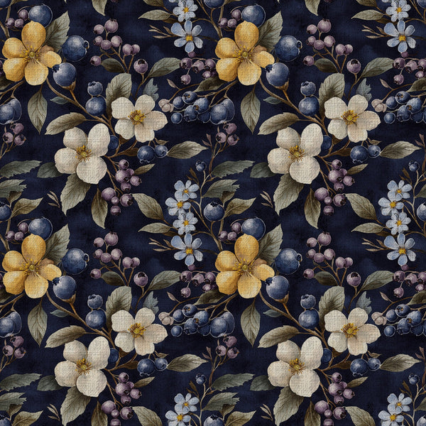 navy blue, cream white, golden yellow, dusty blue, mauve pink, sage green, floral pattern, botanical, vintage floral, nature-inspired, elegant, traditional, whimsical, romantic, garden flowers, wildflowers, berries, blueberries, small flowers, daisy motif, leaf details, spring, summer, cottage core, farmhouse style, classic design, timeless, delicate florals, multi-colored flowers
