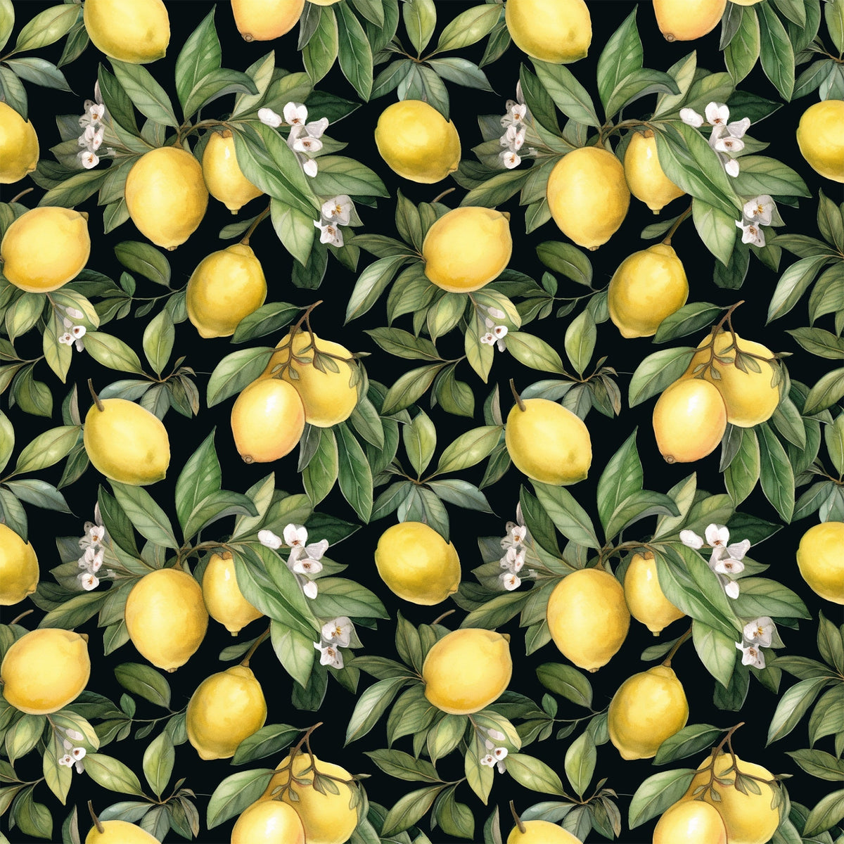 yellow lemons, citrus fruits, green leaves, white blossoms, black background, botanical pattern, repeating design, lemon branches, citrus flowers,, fabric panel, watercolor style, realistic fruits, garden motif, summer theme, bright yellow, deep green, floral elements, fruit illustration, nature pattern