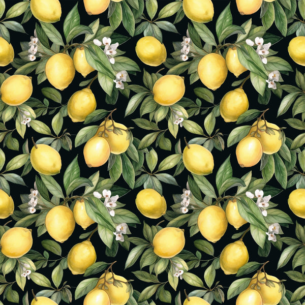 yellow lemons, citrus fruits, green leaves, white blossoms, black background, botanical pattern, repeating design, lemon branches, citrus flowers,, fabric panel, watercolor style, realistic fruits, garden motif, summer theme, bright yellow, deep green, floral elements, fruit illustration, nature pattern