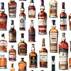 whiskey bottles, amber, brown, golden, orange, glass bottles, scottish whisky, alcohol collection, vintage bottles,, fabric panel, realistic illustration, beverage pattern, bottle shapes, liquid amber, distillery theme, spirits collection, detailed artwork, repeating pattern, crafting fabric