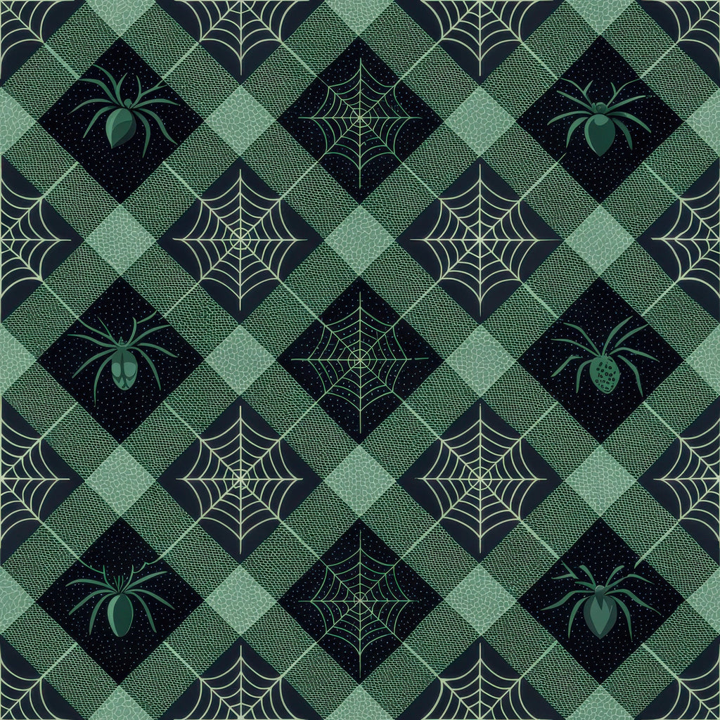 halloween fabric,, fabric panel, gingham pattern, diamond grid, spider motifs, spiderweb designs, green tones, sage green, forest green, black accents, geometric layout, autumn crafting, seasonal sewing, halloween quilting, spooky elements, checkered background, repeating pattern, cotton fabric, halloween decor