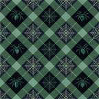 halloween fabric,, fabric panel, gingham pattern, diamond grid, spider motifs, spiderweb designs, green tones, sage green, forest green, black accents, geometric layout, autumn crafting, seasonal sewing, halloween quilting, spooky elements, checkered background, repeating pattern, cotton fabric, halloween decor