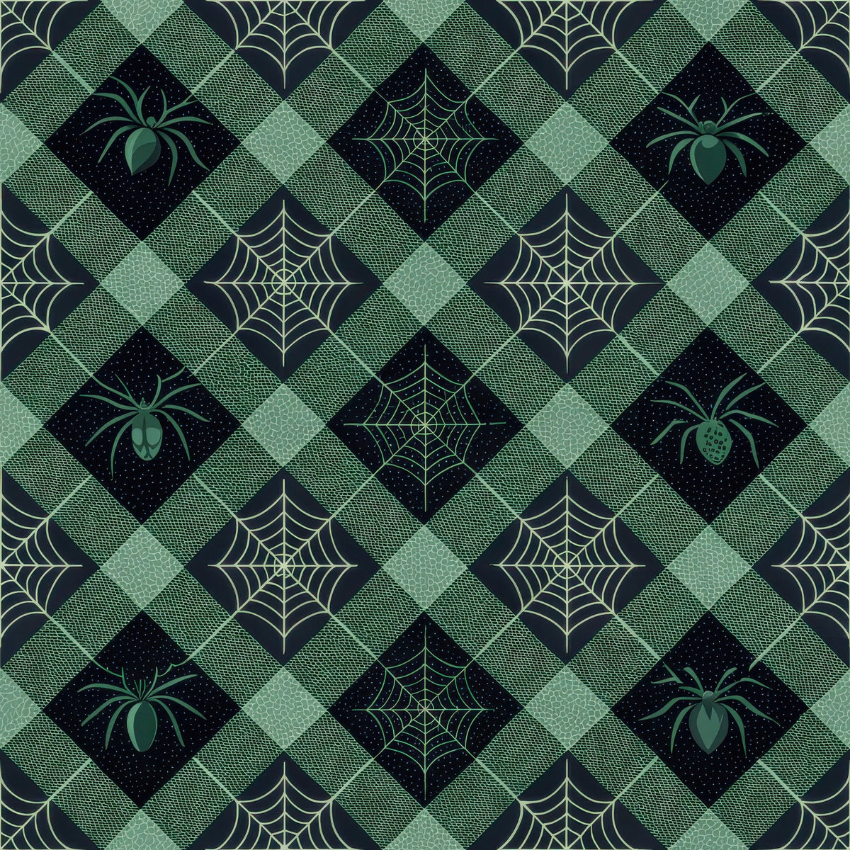 halloween fabric,, fabric panel, gingham pattern, diamond grid, spider motifs, spiderweb designs, green tones, sage green, forest green, black accents, geometric layout, autumn crafting, seasonal sewing, halloween quilting, spooky elements, checkered background, repeating pattern, cotton fabric, halloween decor