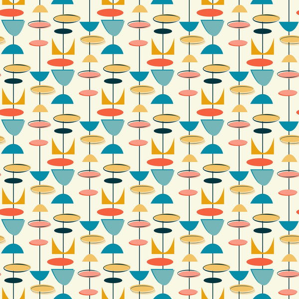 teal blue, coral orange, mustard yellow, sage green, pink, atomic age, mid-century modern, geometric shapes, abstract patterns, 1950s style, retro design, modernist motifs,, fabric panel, boomerang shapes, starburst elements, oval forms, triangular designs, repeating pattern, vintage inspired