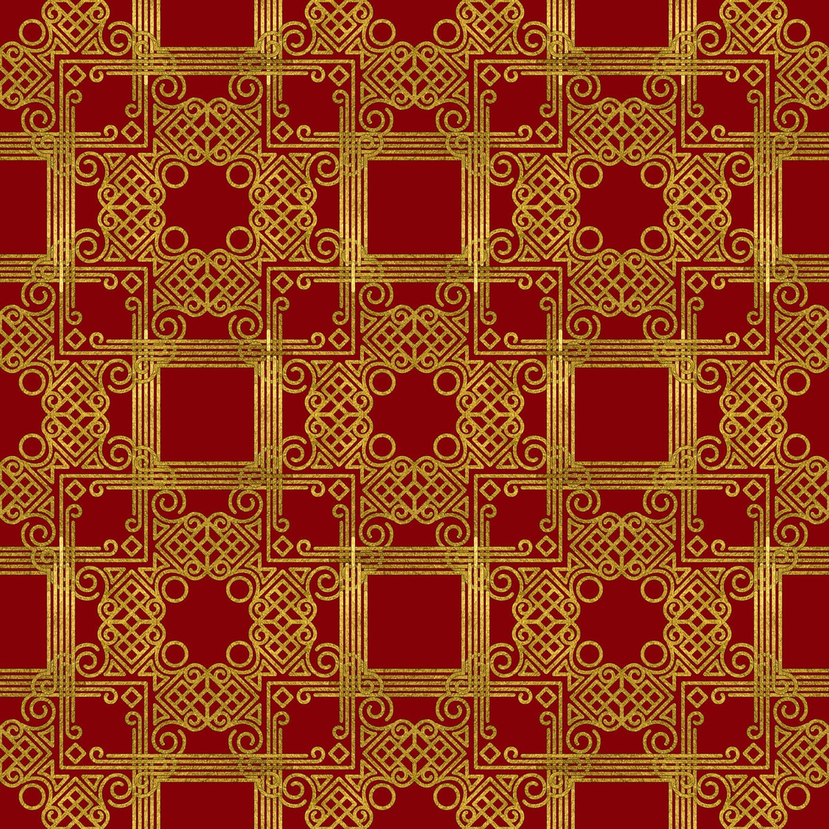 red, gold, burgundy, crimson, ornate pattern, geometric design, scrollwork, intricate motifs, decorative squares, celtic knots, swirls, flourishes,, fabric panel, christmas fabric, holiday pattern, luxurious design, elegant motifs, repeating pattern, festive colors