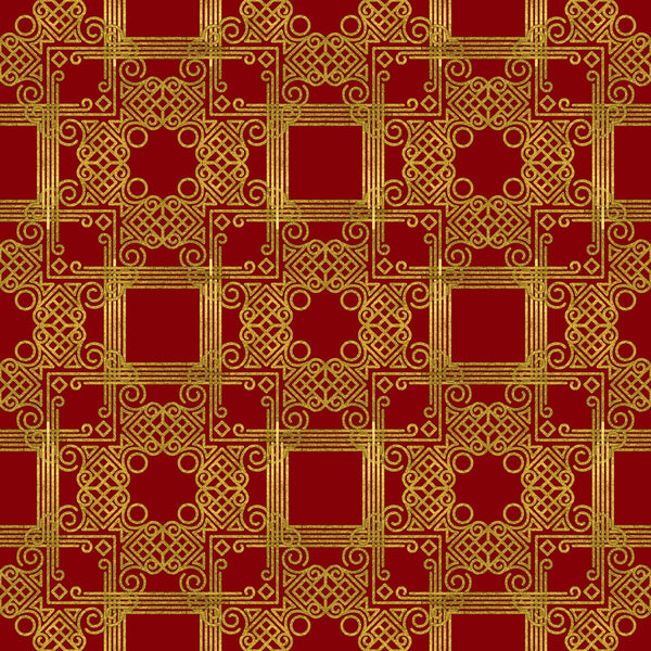 red, gold, burgundy, crimson, ornate pattern, geometric design, scrollwork, intricate motifs, decorative squares, celtic knots, swirls, flourishes,, fabric panel, christmas fabric, holiday pattern, luxurious design, elegant motifs, repeating pattern, festive colors