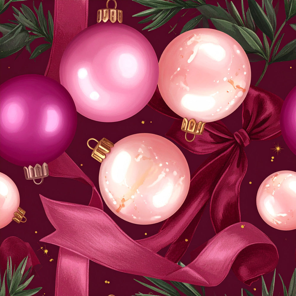 burgundy, wine red, mauve pink, blush pink, coral pink, dusty rose, deep magenta, holiday, christmas, festive, ornaments, baubles, ribbons, bows, evergreen, pine branches, metallic gold, elegant, luxurious, sophisticated, winter, celebration, decorative, shiny, glossy, sparkly, traditional holiday, seasonal decor