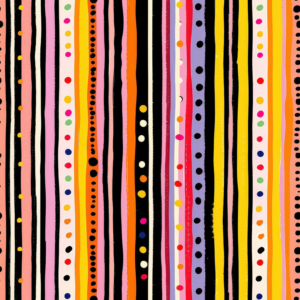 colorful stripes, polka dots, geometric pattern, vertical lines, rainbow colors, pink, orange, yellow, black, white, red, blue, green, purple,, fabric panel, modern design, playful pattern, bright colors, striped fabric, dotted design
