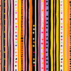 colorful stripes, polka dots, geometric pattern, vertical lines, rainbow colors, pink, orange, yellow, black, white, red, blue, green, purple,, fabric panel, modern design, playful pattern, bright colors, striped fabric, dotted design