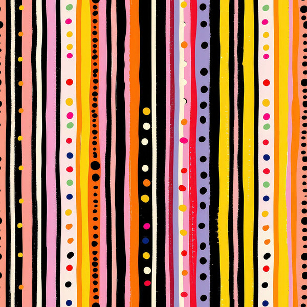 colorful stripes, polka dots, geometric pattern, vertical lines, rainbow colors, pink, orange, yellow, black, white, red, blue, green, purple,, fabric panel, modern design, playful pattern, bright colors, striped fabric, dotted design