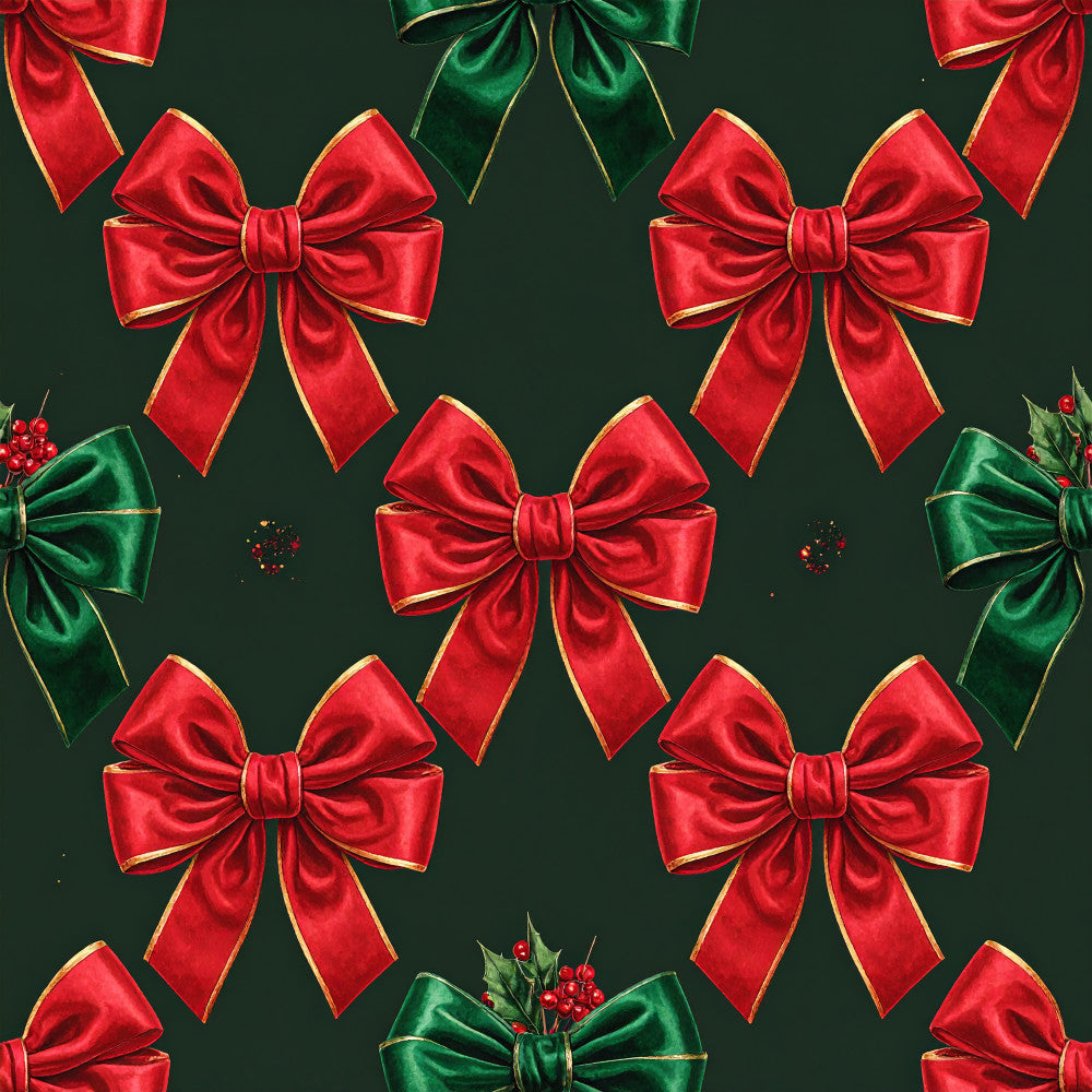 red bows, green bows, forest green, bright red, gold trim, christmas, holiday, festive, elegant, traditional, ribbons, decorative bows, seasonal, winter, holly berries, luxe, formal, classic, red and green, metallic accents, celebration, fancy, ribbon pattern, holiday decor, party, sophisticated, vibrant, shimmer effect