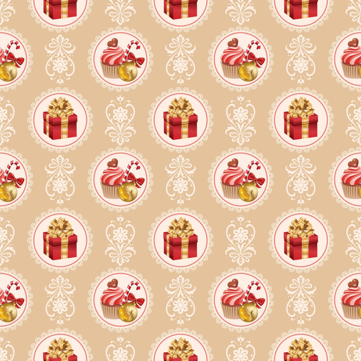 christmas pattern,, fabric panel, beige background, red gift boxes, gold bows, cupcakes, candy canes, ornate circles, lace borders, festive motifs, holiday treats, warm colors, repeating design, seasonal fabric, decorative elements, pink frosting, golden accents, vintage style, holiday baking