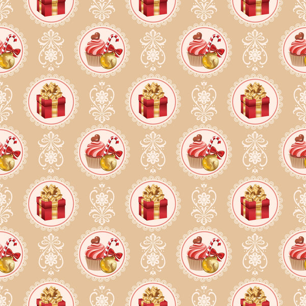 christmas pattern,, fabric panel, beige background, red gift boxes, gold bows, cupcakes, candy canes, ornate circles, lace borders, festive motifs, holiday treats, warm colors, repeating design, seasonal fabric, decorative elements, pink frosting, golden accents, vintage style, holiday baking