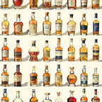 whiskey bottles, amber colors, golden hues, brown tones, glass bottles, alcohol pattern, beverage design, bottle collection, realistic illustration,, fabric panel, repeating pattern, vintage bottles, liquor display, warm colors, orange shades, bourbon bottles, spirits theme, detailed artwork, nostalgic style
