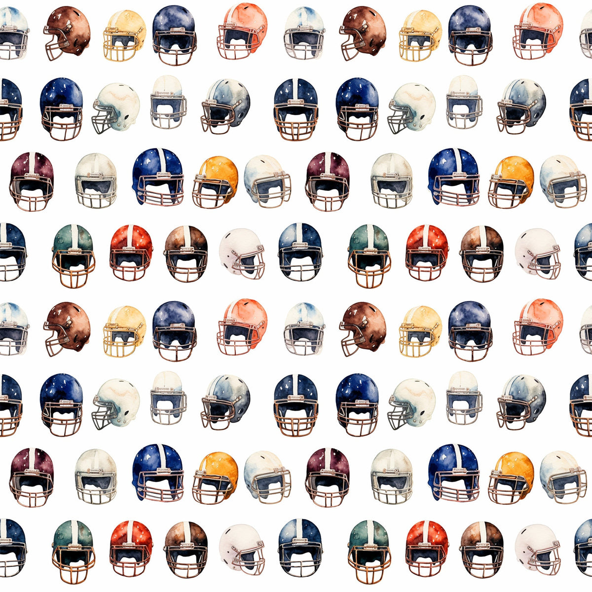 watercolor, football helmets, sports pattern, navy blue, burgundy, orange, white, gray, brown, repeating design, athletic theme,, fabric panel, team colors, helmet collection, sports memorabilia, masculine colors, geometric arrangement, football equipment, watercolor painting style