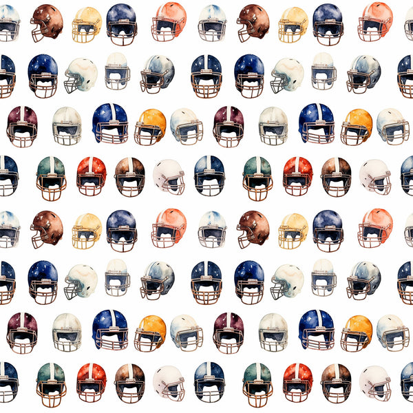 watercolor, football helmets, sports pattern, navy blue, burgundy, orange, white, gray, brown, repeating design, athletic theme,, fabric panel, team colors, helmet collection, sports memorabilia, masculine colors, geometric arrangement, football equipment, watercolor painting style