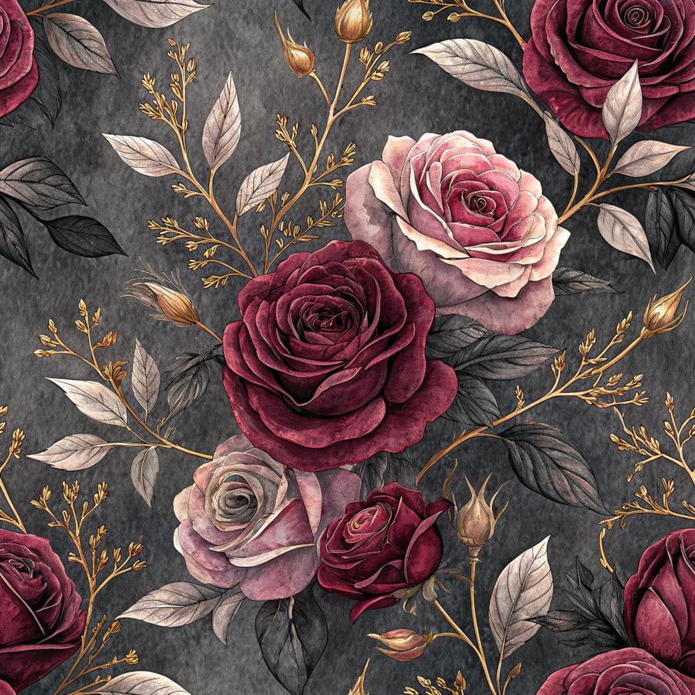 burgundy roses, dusty rose, mauve pink, charcoal gray, gold accents, floral pattern, botanical design, romantic style, elegant design, vintage aesthetic, garden flowers, rose motifs, delicate leaves, nature themed, botanical illustration, dark moody, luxurious feel, damask inspired, watercolor florals, feminine style, cottage core, classic beauty, timeless design, decorative branches, ornamental stems, sophisticated pattern, romantic florals, dark academia, jewel tones, spring flowers