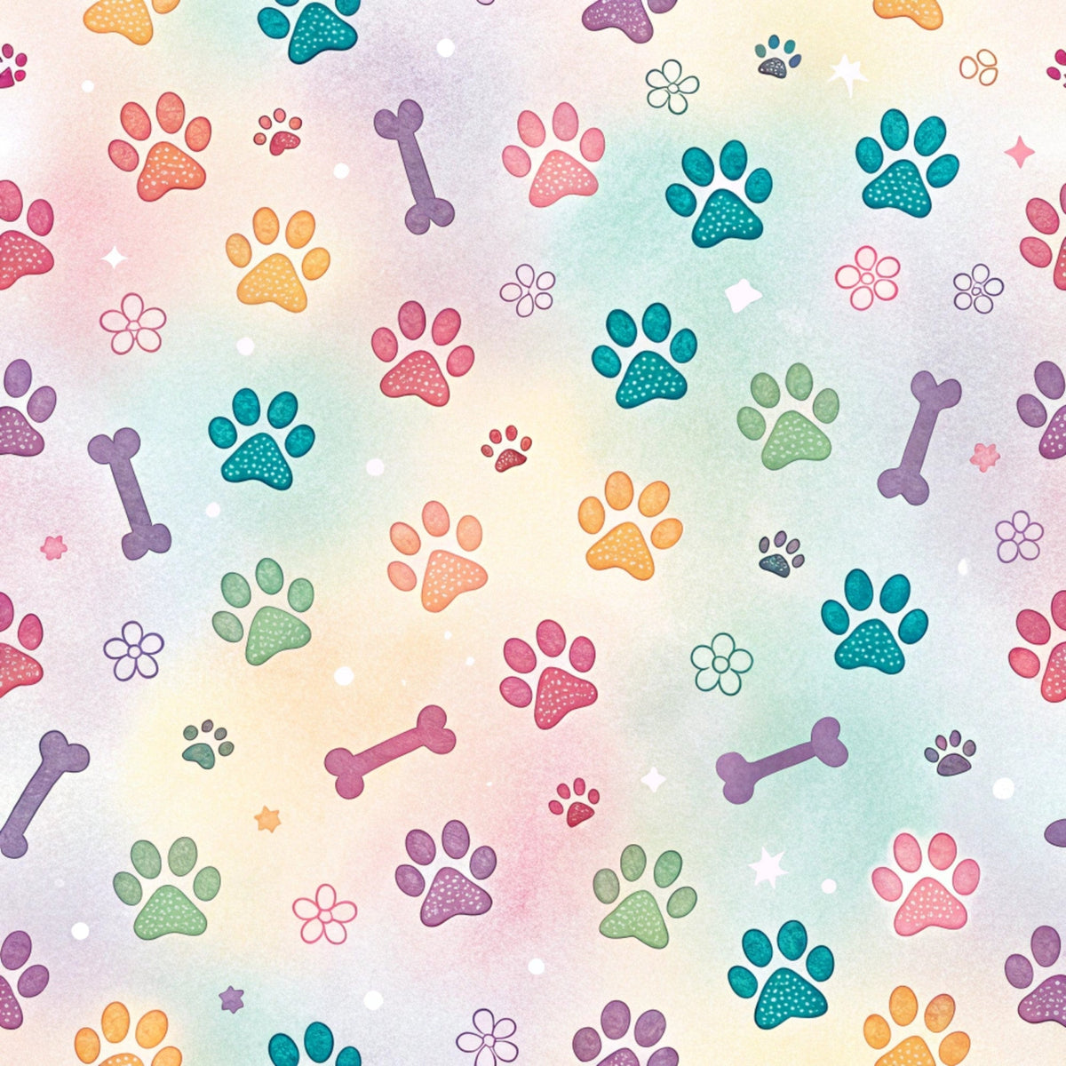 paw prints, dog bones, pastel colors, teal, coral pink, purple, orange, sage green, floral motifs, watercolor style, pet themed, animal pattern,, fabric panel, whimsical design, soft gradient background, scattered pattern, playful mood, craft fabric, sewing material
