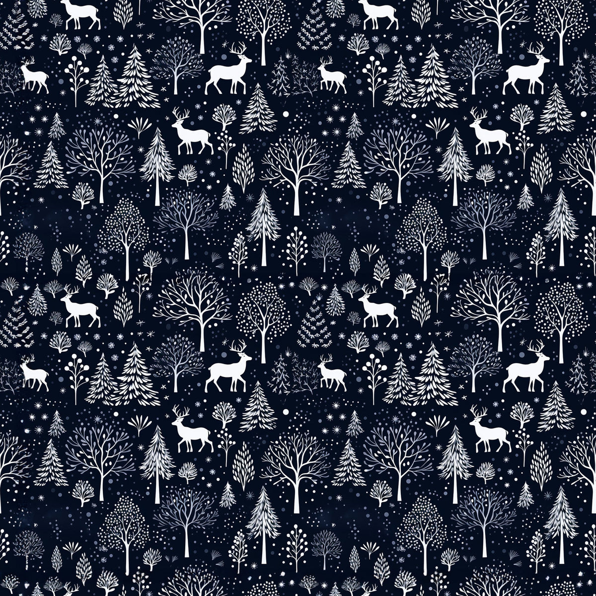 delft blue, navy blue, white, winter pattern, deer silhouettes, bare trees, evergreen trees, snowflakes, forest scene, woodland animals,, fabric panel, winter wonderland, nature motifs, scandinavian style, folk art, repeating pattern, snow covered trees, reindeer, botanical elements