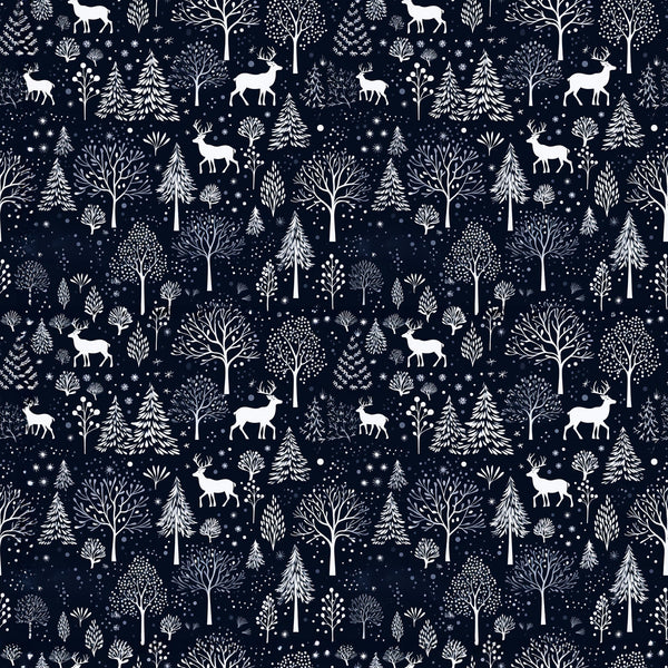 delft blue, navy blue, white, winter pattern, deer silhouettes, bare trees, evergreen trees, snowflakes, forest scene, woodland animals,, fabric panel, winter wonderland, nature motifs, scandinavian style, folk art, repeating pattern, snow covered trees, reindeer, botanical elements
