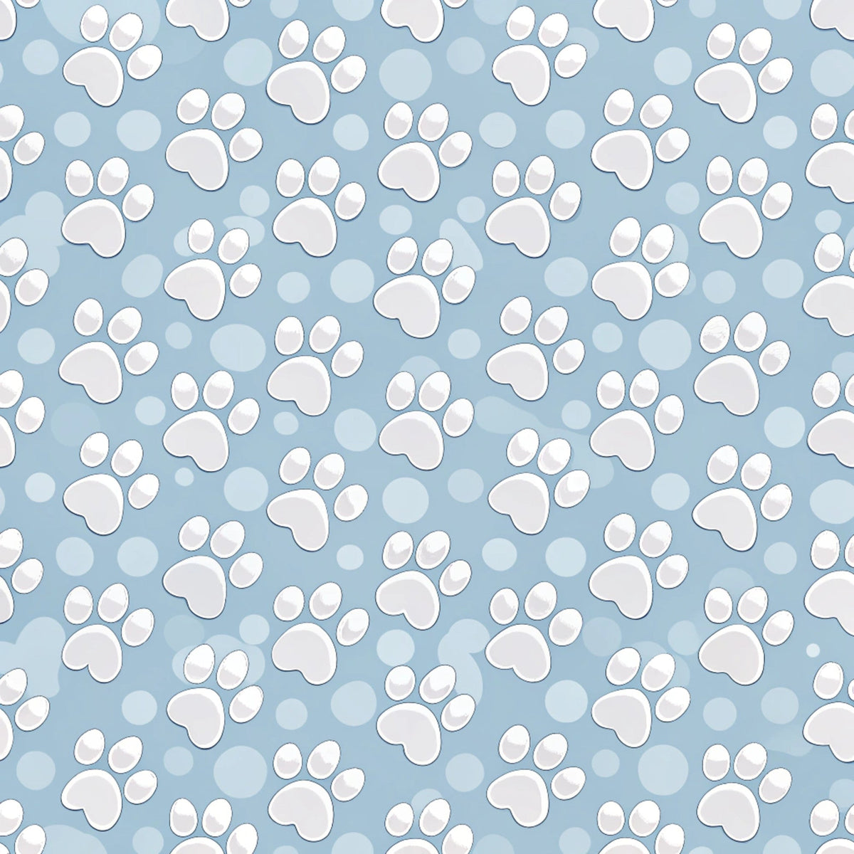 light blue, powder blue, white, paw prints, dog paws, animal tracks, pet theme, scattered pattern, repeating motif, playful design,, fabric panel, cute animals, polka dots, circles, whimsical style, crafting material, sewing fabric, pet lover, canine theme