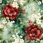 christmas florals, deep red flowers, burgundy blooms, white flowers, cream blossoms, emerald green, forest green, sage green, botanical pattern, floral design, layered petals, red berries, green leaves, foliage,, fabric panel, holiday theme, christmas pattern, winter florals, rich colors, detailed illustration, painterly style, elegant florals, seasonal fabric