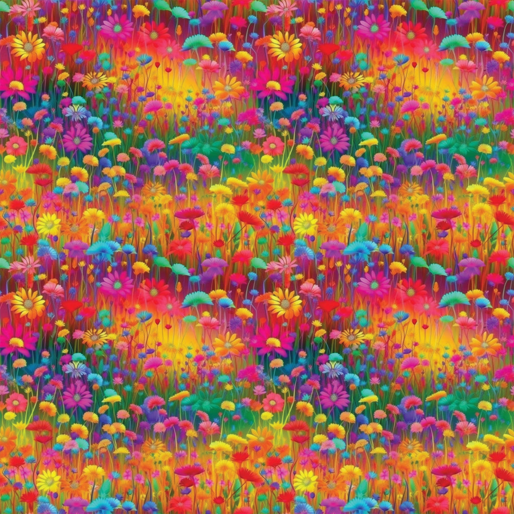 vibrant flowers, wildflower meadow, rainbow colors, pink blooms, yellow daisies, purple flowers, orange petals, red blossoms, blue flowers, green stems, floral field, botanical pattern, bright saturated colors, psychedelic style, repeating pattern,, fabric panel, spring garden, cheerful mood, densely packed florals