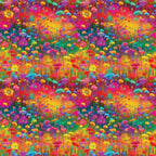 vibrant flowers, wildflower meadow, rainbow colors, pink blooms, yellow daisies, purple flowers, orange petals, red blossoms, blue flowers, green stems, floral field, botanical pattern, bright saturated colors, psychedelic style, repeating pattern,, fabric panel, spring garden, cheerful mood, densely packed florals