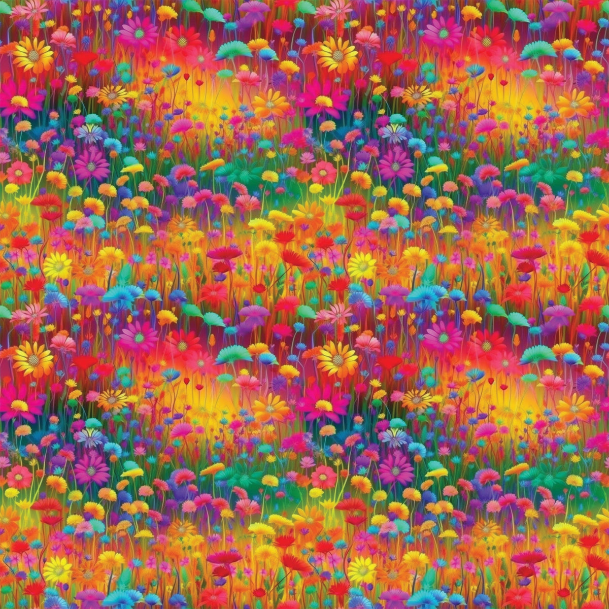 vibrant flowers, wildflower meadow, rainbow colors, pink blooms, yellow daisies, purple flowers, orange petals, red blossoms, blue flowers, green stems, floral field, botanical pattern, bright saturated colors, psychedelic style, repeating pattern,, fabric panel, spring garden, cheerful mood, densely packed florals