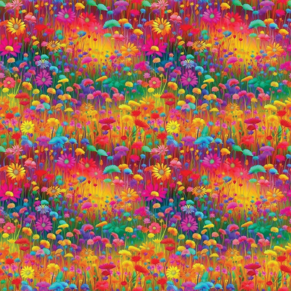 vibrant flowers, wildflower meadow, rainbow colors, pink blooms, yellow daisies, purple flowers, orange petals, red blossoms, blue flowers, green stems, floral field, botanical pattern, bright saturated colors, psychedelic style, repeating pattern,, fabric panel, spring garden, cheerful mood, densely packed florals