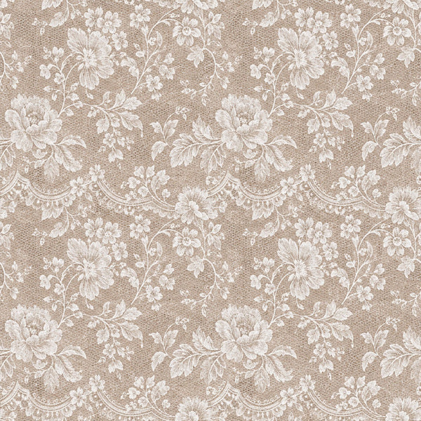 taupe, cream, ivory, beige, floral, vintage, elegant, romantic, traditional, botanical, dahlias, roses, leaves, vines, scrollwork, lace-like, ornate, classic, timeless, spring, garden, feminine, cottage core, damask, detailed, delicate, nature-inspired, heirloom