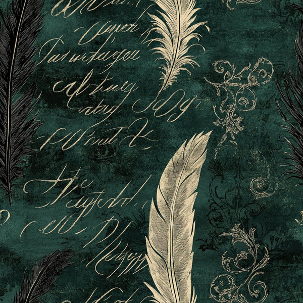 forest green, teal, cream, gold, vintage, elegant, feathers, script, cursive writing, calligraphy, ornamental, baroque, classical, literary, antique, quill pen, decorative scrolls, traditional, sophisticated, timeless, botanical, nature-inspired, writing motif, letter writing, victorian, gothic, dark academia, luxury, upscale, refined