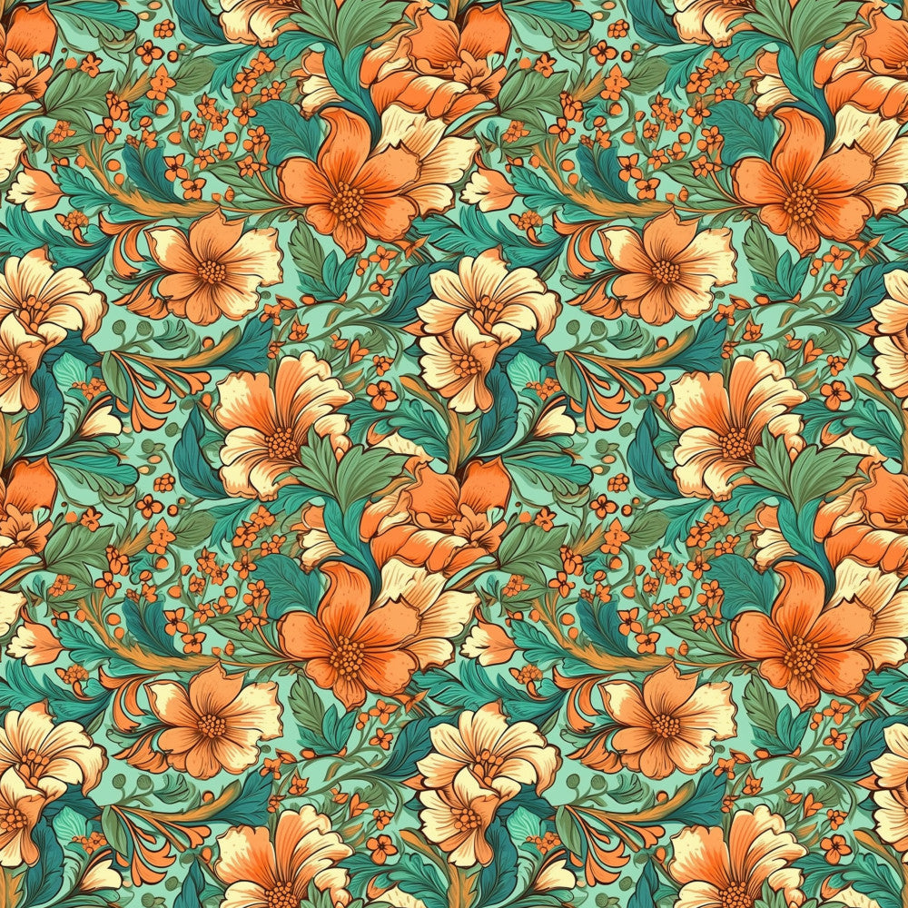 turquoise, coral orange, cream, sage green, teal, burnt orange, peach, floral, vintage, botanical, nature, elegant, traditional, whimsical, flowers, leaves, decorative, spring, summer, garden, daisy, ornate, romantic, cottage core, retro, detailed, vibrant, warm tones, cool tones, nursery