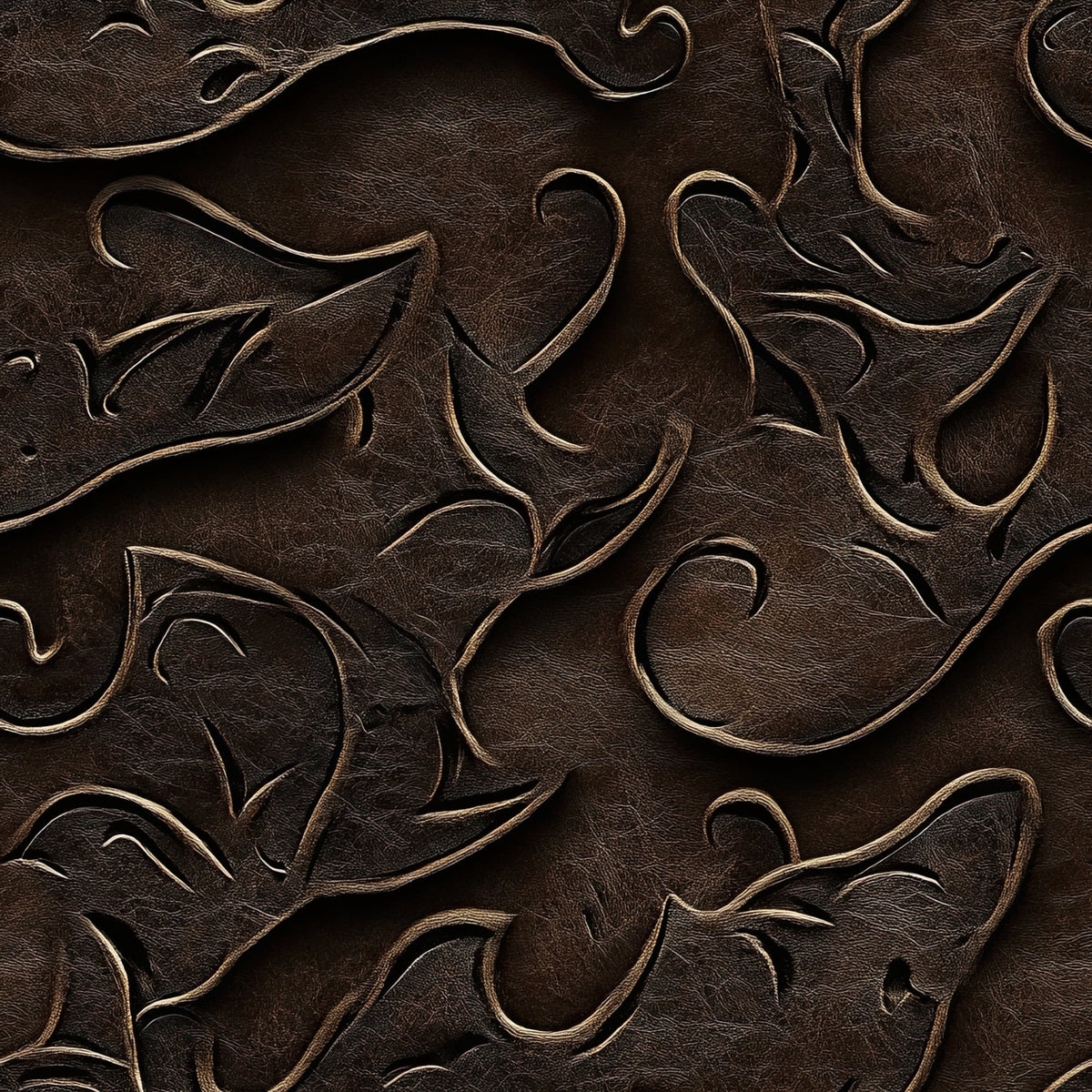 dark brown, chocolate brown, leather texture, embossed pattern, floral scrollwork, ornate swirls, western motifs,, fabric panel, raised relief, tooled leather look, decorative flourishes, vintage style, rustic design, dimensional texture, cowboy theme, saddle leather, carved appearance, western decor