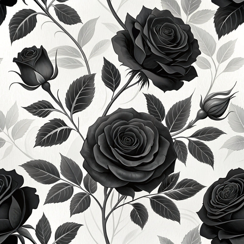 black roses, charcoal gray, monochrome, grayscale, floral pattern, roses, botanical, nature, elegant, gothic, romantic, vintage, classic, detailed leaves, garden flowers, sophisticated, formal, timeless, wedding, luxury, dark florals, engraved style, ornate, dramatic, black and white, neutral tones, traditional, decorative