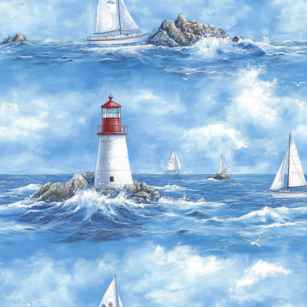 lighthouse, sailboats, ocean waves, blue water, white sails, red lantern, rocky coastline, seagulls, nautical theme, marine scene, coastal landscape, cloudy sky, sailing vessels, maritime,, fabric panel, watercolor style, peaceful mood, summer vibes, seaside