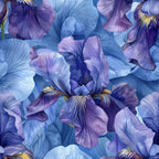 purple iris, blue petals, floral pattern, botanical design, layered blooms,, fabric panel, nature motif, garden flowers, periwinkle blue, lavender purple, realistic florals, overlapping petals, spring flowers, detailed veining, soft pastels, decorative fabric, sewing material, craft supplies
