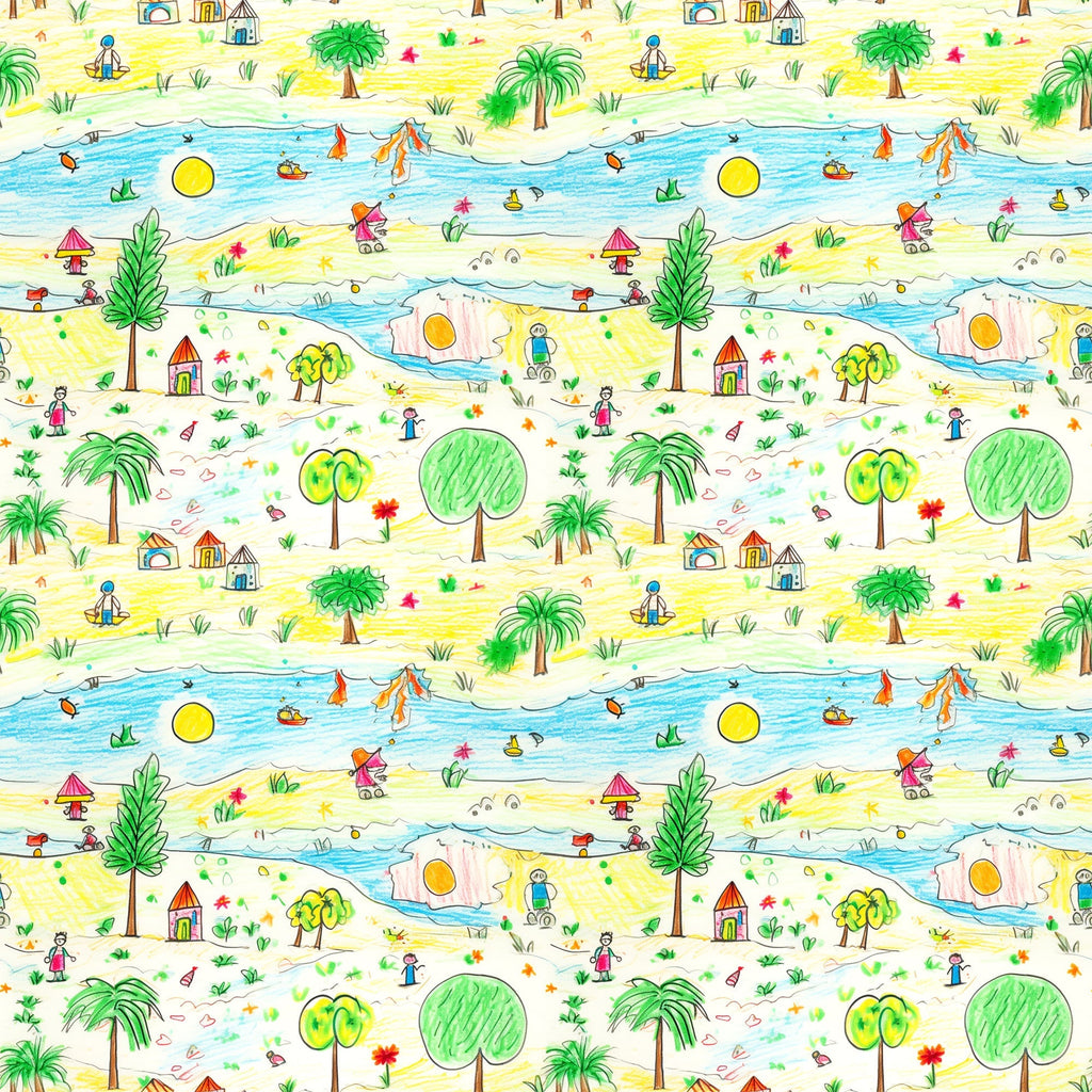 yellow, blue, green, red, orange, child's drawing, crayon art, beach scene, palm trees, ocean waves, sailboats, houses, stick figures, whimsical, playful, naive art style, repeating pattern,, fabric panel, tropical theme, summer vibes, children's artwork