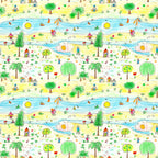 yellow, blue, green, red, orange, child's drawing, crayon art, beach scene, palm trees, ocean waves, sailboats, houses, stick figures, whimsical, playful, naive art style, repeating pattern,, fabric panel, tropical theme, summer vibes, children's artwork