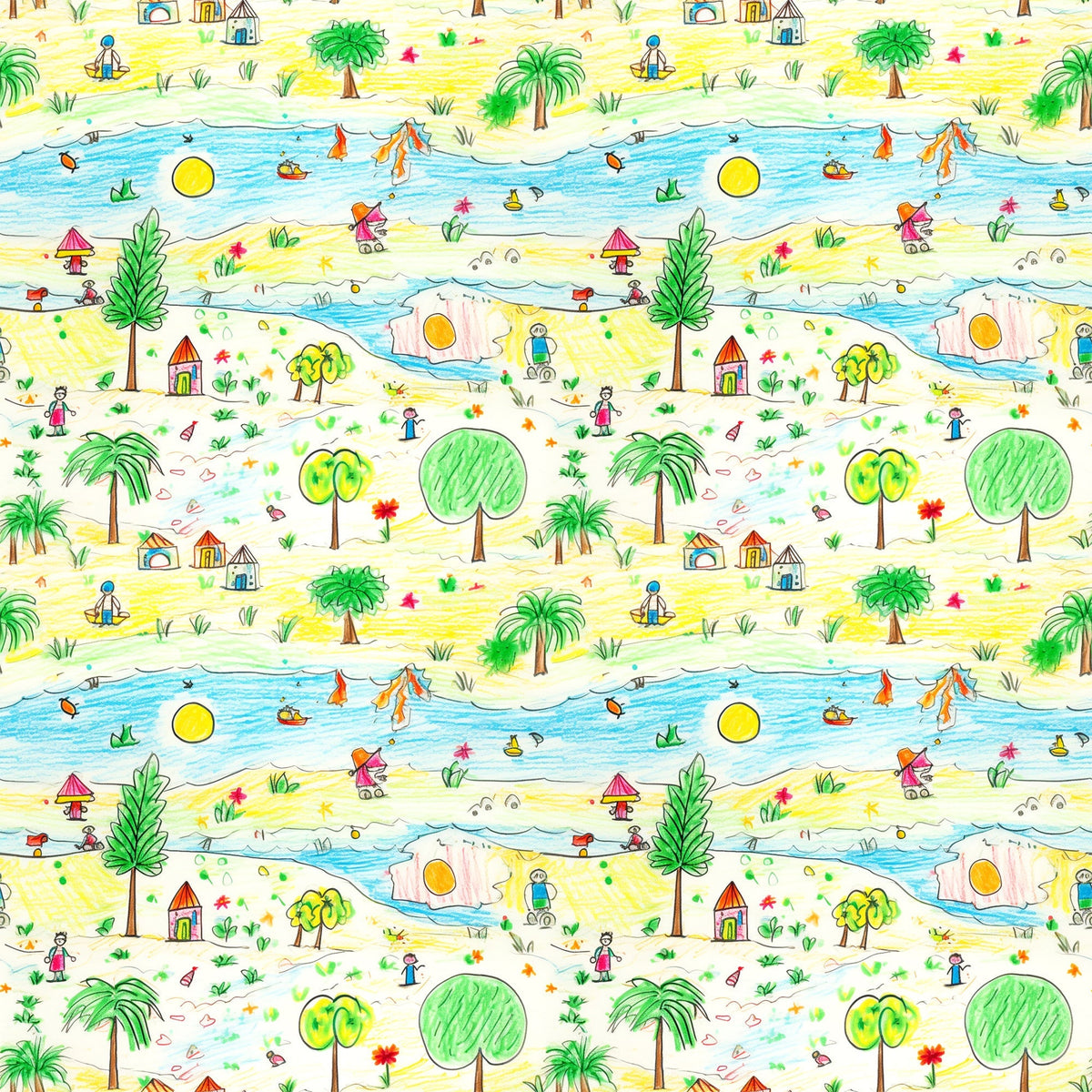 yellow, blue, green, red, orange, child's drawing, crayon art, beach scene, palm trees, ocean waves, sailboats, houses, stick figures, whimsical, playful, naive art style, repeating pattern,, fabric panel, tropical theme, summer vibes, children's artwork